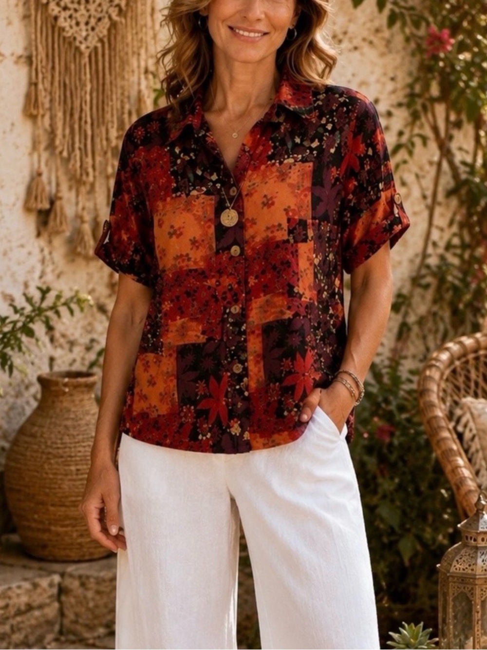 Bobbie Brooks Patchwork Floral Boho Button Tab Blouse L‎ Cottagecore Fall